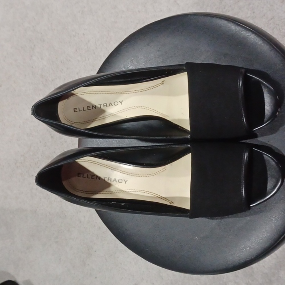 Ellen Tracy black peep toe wedges.